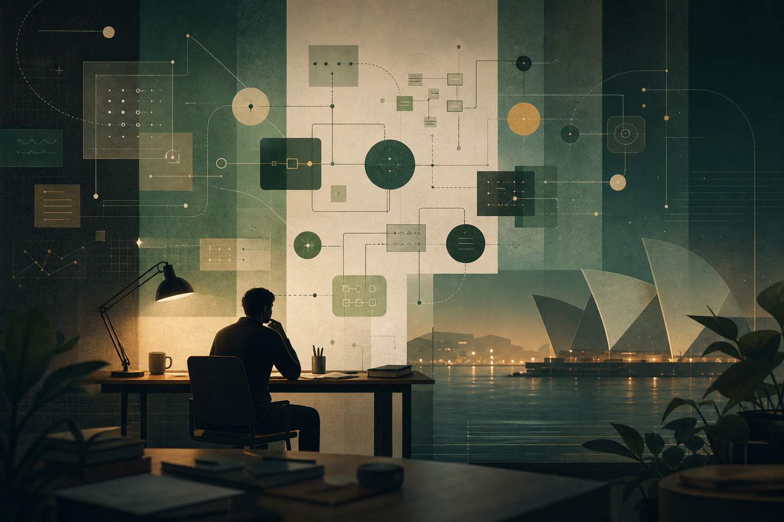A developer working beside abstract planning diagrams with the Sydney Opera House in the distance